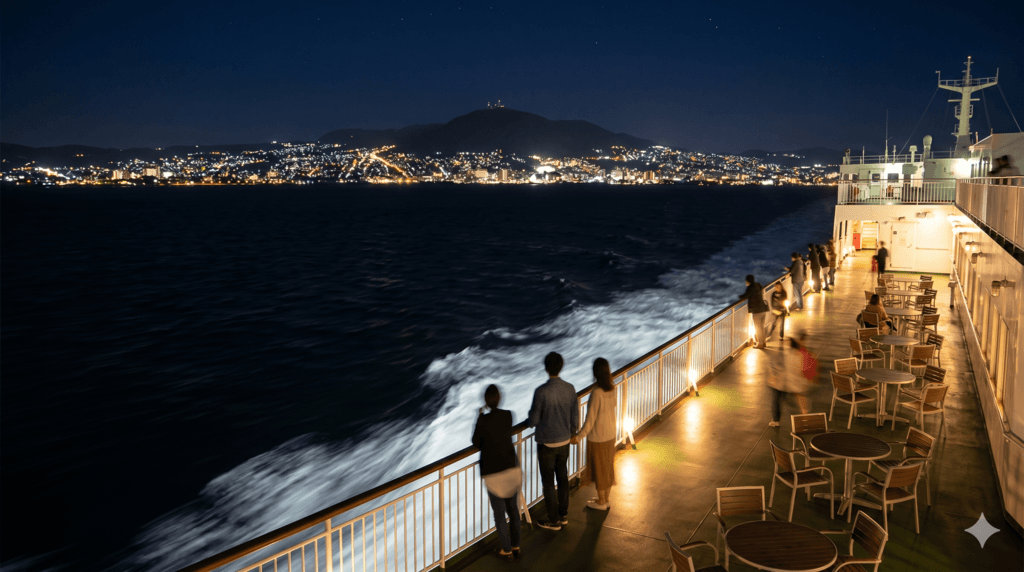 下北半島からフェリーに乗って函館の夜景へ向かうロマンチックなデート
