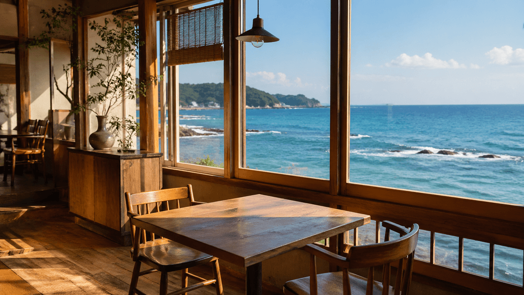 観光客向けの海が見える絶景カフェでの隠れ家デート