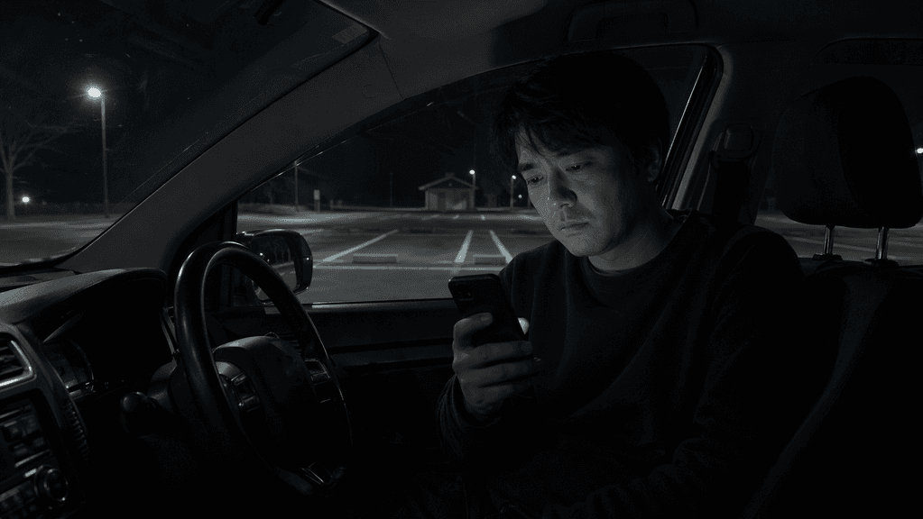 地方の暗い駐車場で車内に停まり、マッチングアプリに相手がいなくて絶望する様子