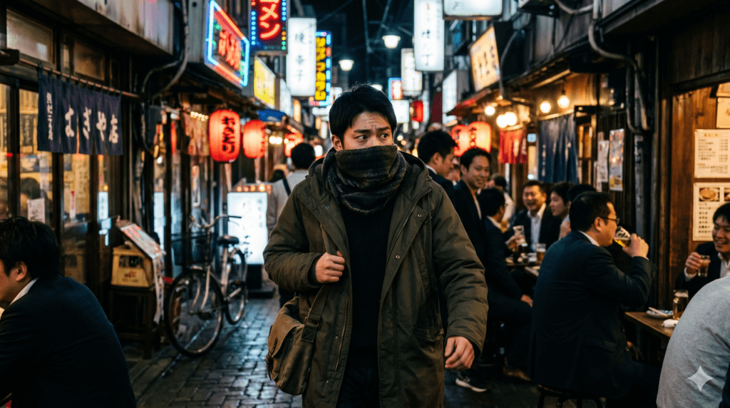 地元の飲み屋街で知り合いに遭遇するのを警戒する様子