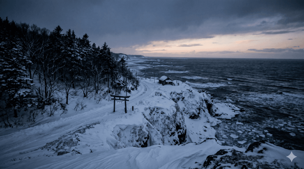 雪に閉ざされた下北半島の厳しい冬の風景