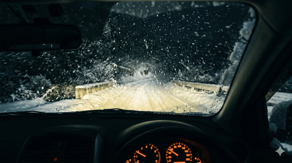 世間の目を避けて夜の雪道を走るドライブ