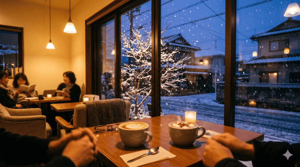 雪の日に近場のカフェでサクッと待ち合わせる様子