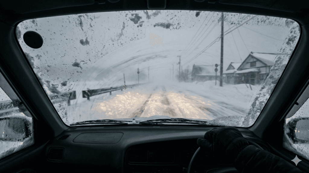 地吹雪でホワイトアウトした危険な冬の道路