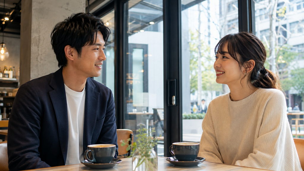 本命枠アプリでマッチングした趣味の合う誠実なパートナーと休日の昼下がりに落ち着いたカフェでお茶を楽しむ風景