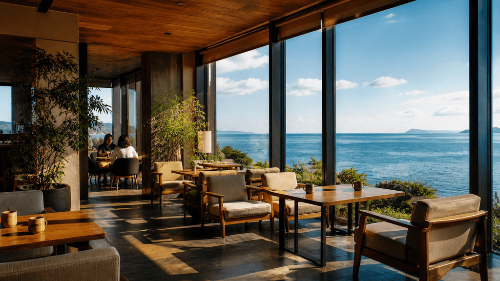 落ち着いた海沿いのカフェ