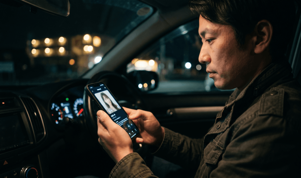 夜の車内でマッチングアプリを開く様子