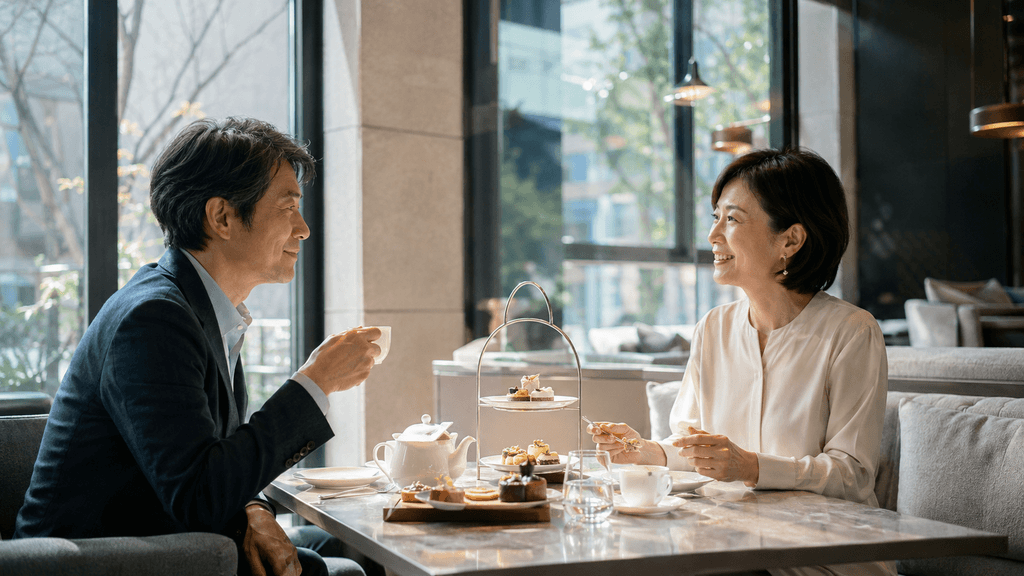 初回に頑張りすぎず落ち着いたカフェでランチやお茶を楽しむ40代の男女