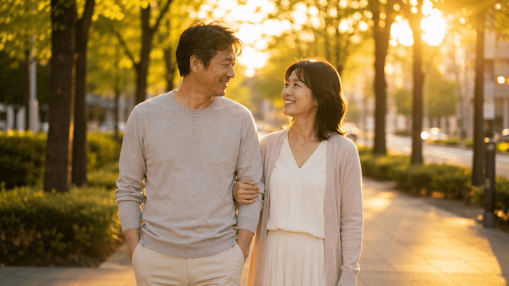 同年代の多いアプリを賢く運用して理想の関係を築き、穏やかな笑顔を浮かべる大人の男女