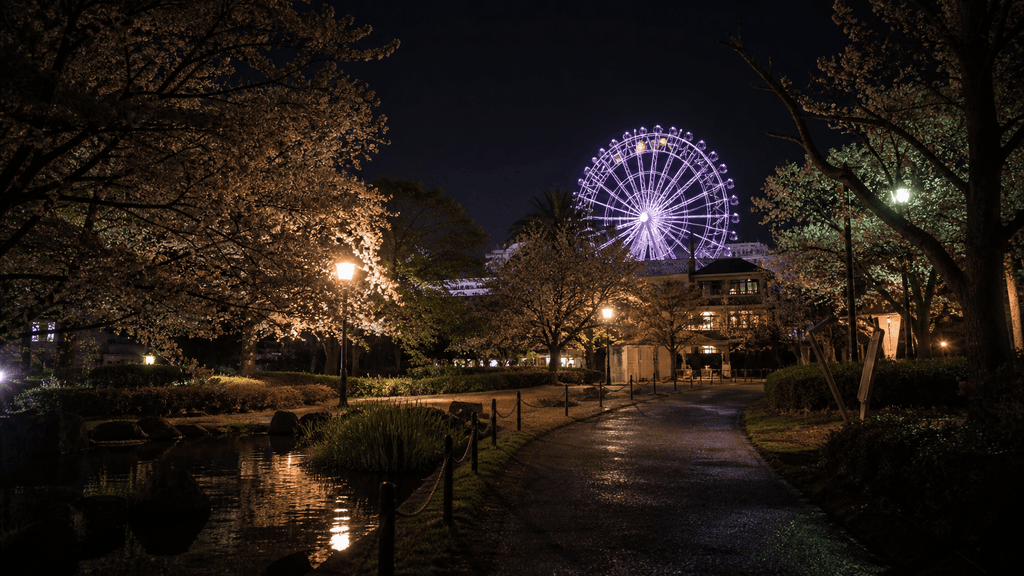 郊外の夜の静かな観覧車と公園