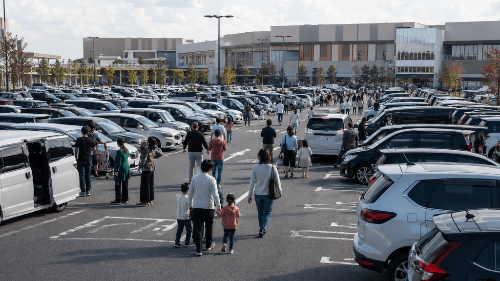 休日の混雑するショッピングモールの駐車場