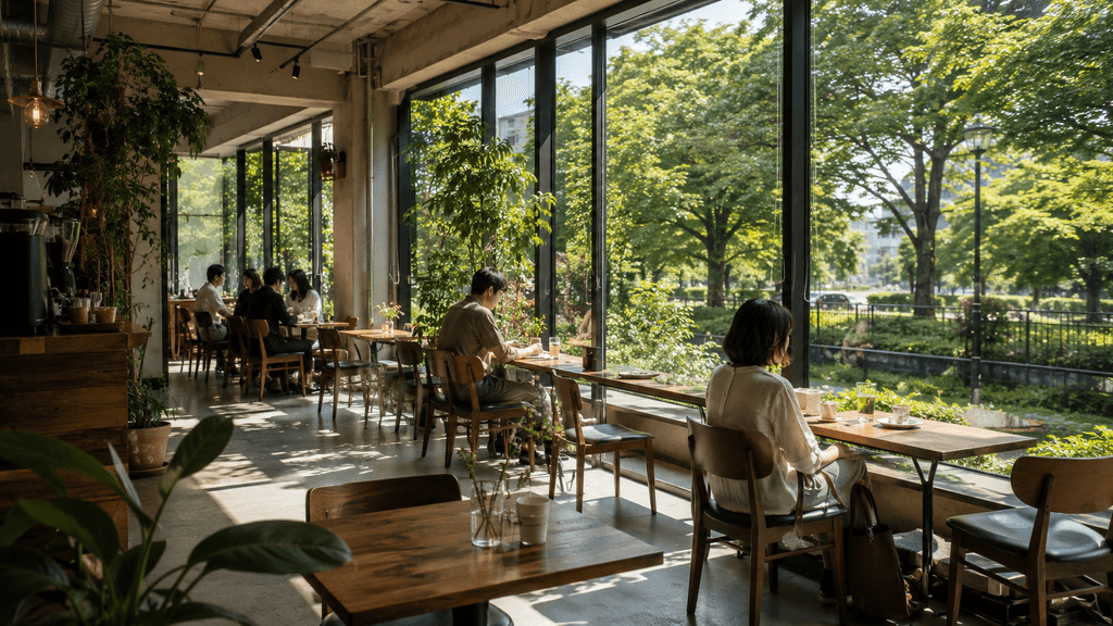 万博記念公園の緑が見える落ち着いた独立系カフェ