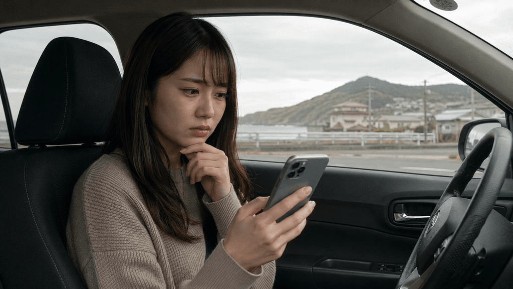 初デートでのドライブデートの提案にスマートフォンの前で警戒する鹿児島の女性