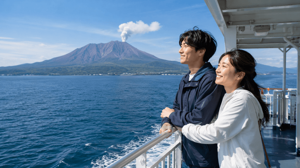 桜島フェリーの甲板から潮風を感じながら錦江湾を渡る大人カップルのプチ旅行