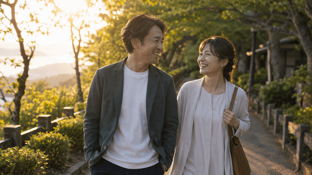 リスクのない昼デートを経てお互いへの信頼を深め夕暮れ時の鹿児島を歩く大人カップル