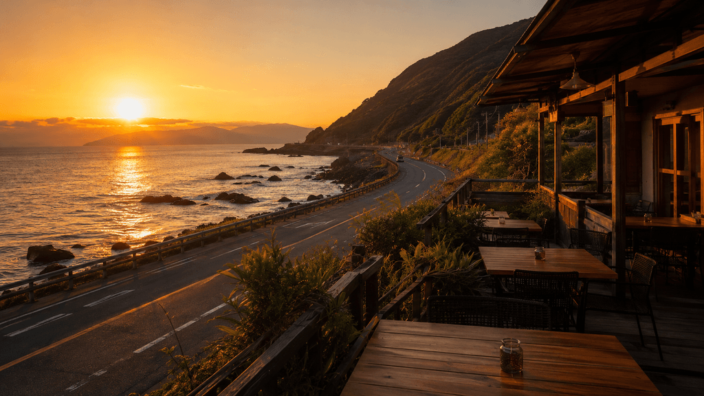 東シナ海の美しい夕日を望む鹿児島西海岸沿いのお洒落なビーチフロントカフェ