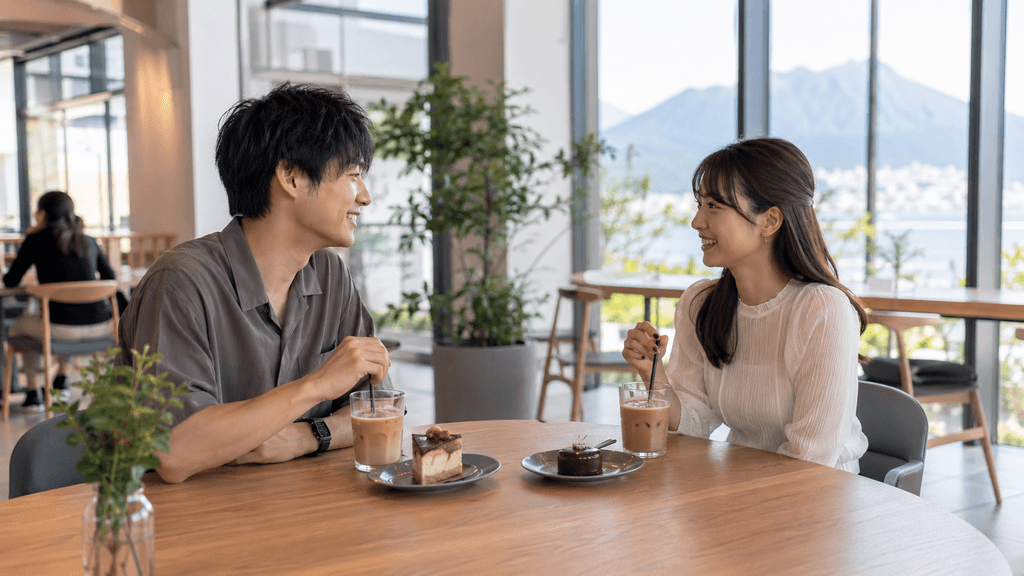 鹿児島の与次郎周辺にある広々としたカフェでお茶を楽しむ安心感のある男女