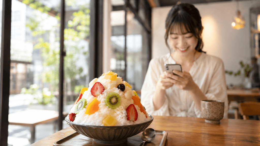 鹿児島の名物スイーツ白くまを前にカフェで楽しそうにスマートフォンを操作する女性