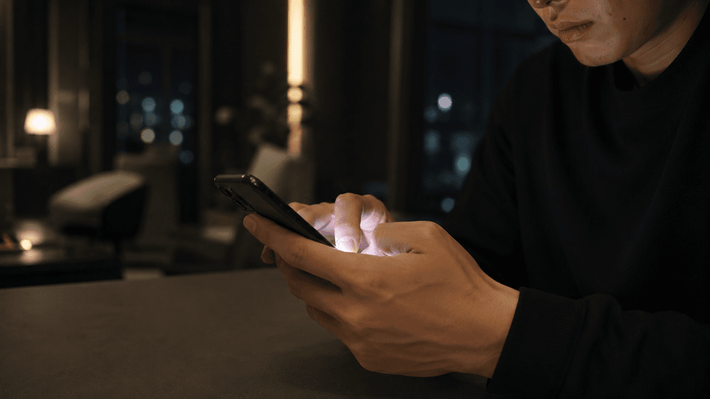 アプリのメッセージの長さやテンポを意識して慎重にスマートフォンを操作する大人の手元