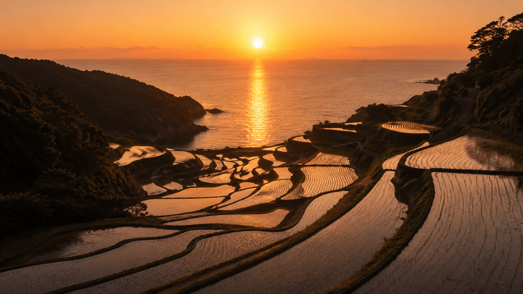 夕暮れ時の美しい浜野浦の棚田