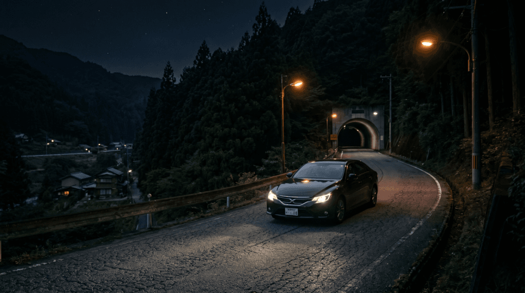 夜の山道を抜けて県外へ向かう車のイメージ