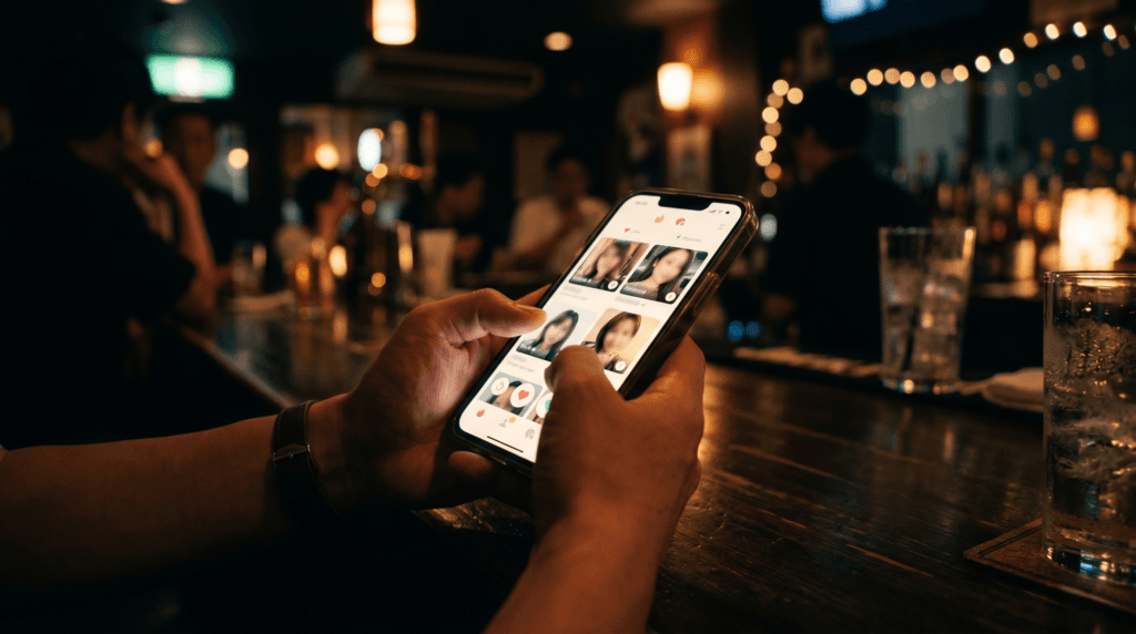 バーでスマホを見て相手を探すイメージ