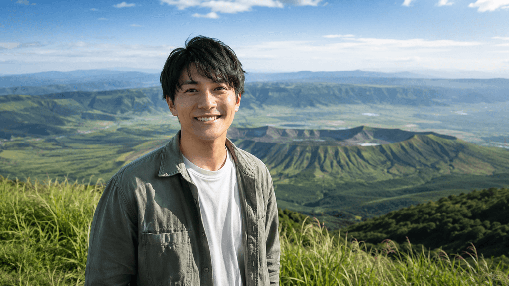大観峰を背景にした好印象な写真
