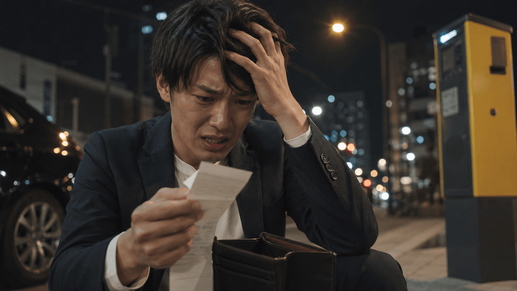 高額な代行代や飲み代に頭を抱える様子