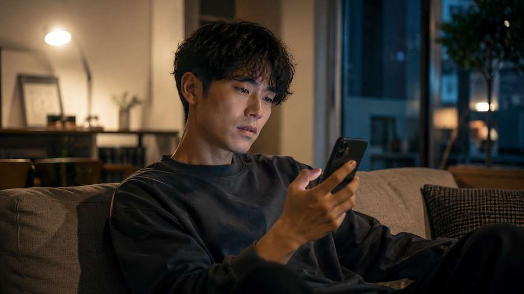 マッチングアプリのメッセージが続かずスマートフォンを見つめて悩む大人のイメージ