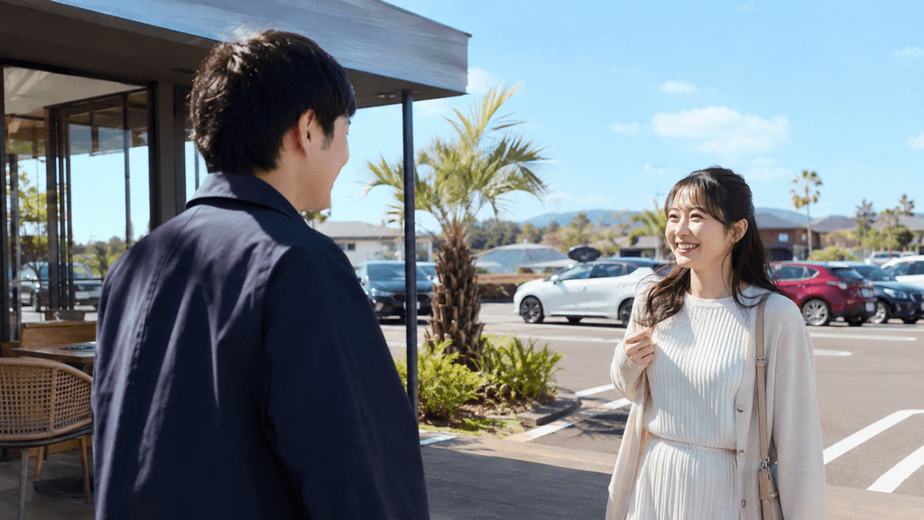 郊外の広いカフェの駐車場で現地集合する男女