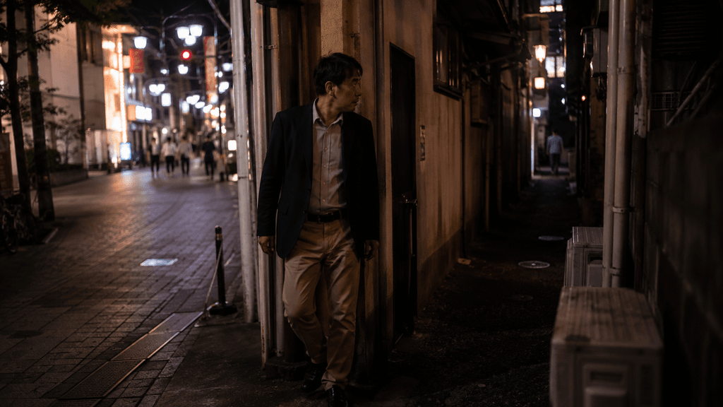 ニシタチのメイン通りを避け、路地裏に身を潜める40代