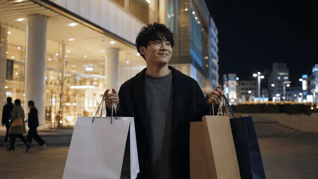 アミュプラザ等の紙袋を持ってアリバイを作る男性