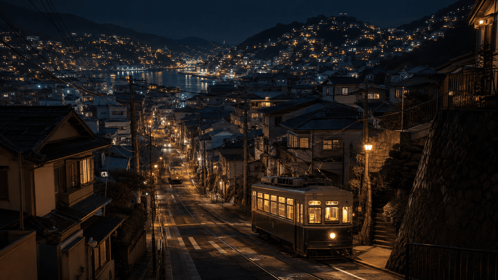 長崎の坂道と路面電車の夜景
