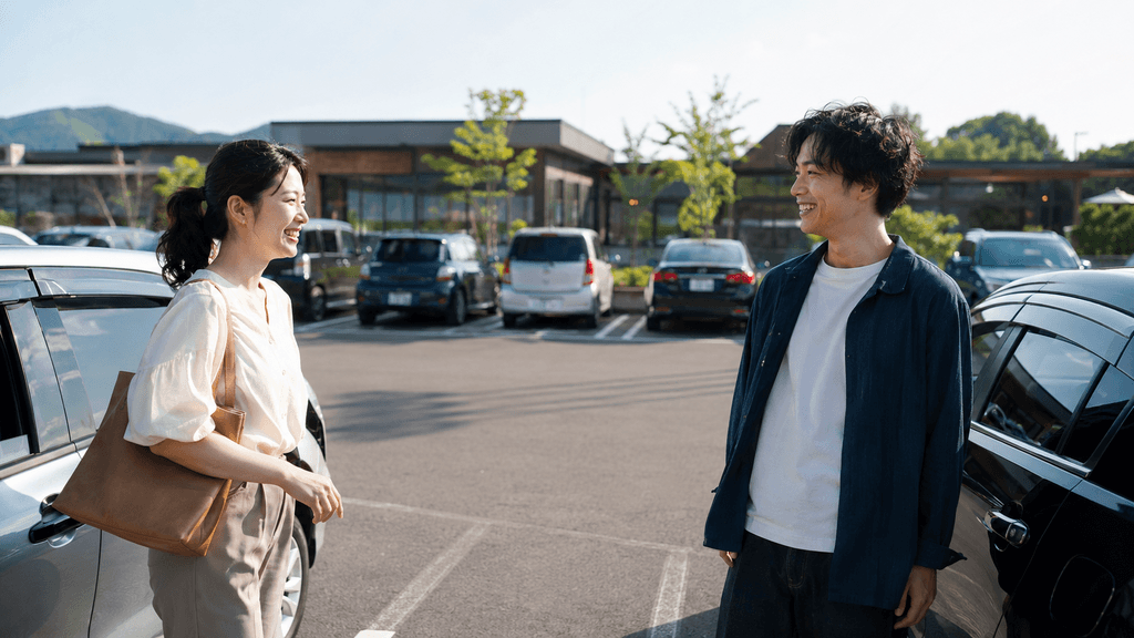 郊外の広い駐車場での待ち合わせ