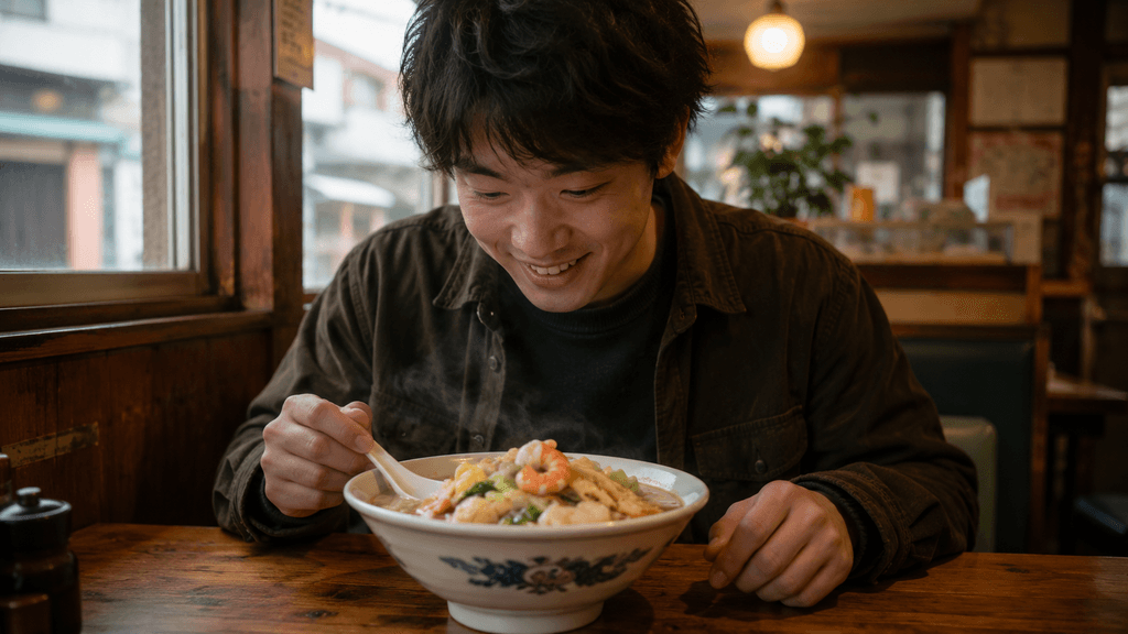 地元のレトロな食堂でちゃんぽんを嬉しそうに見る男性