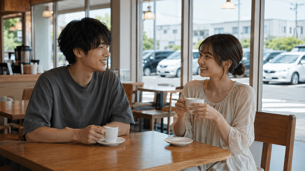 郊外のカフェで楽しくお茶をする様子