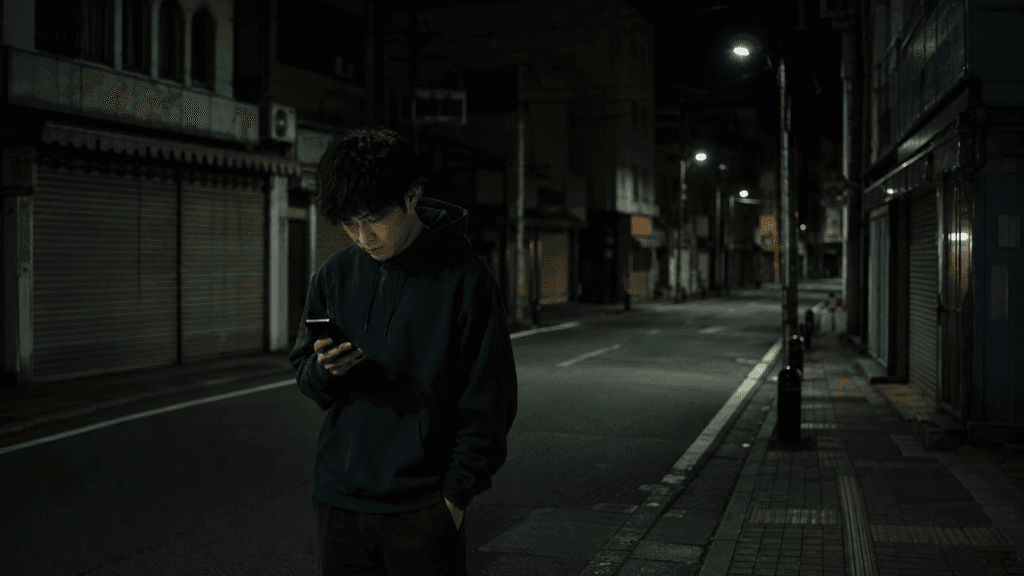 奈良の夜の街で相手が見つからず落胆する様子