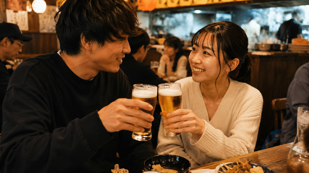 居酒屋でサクッと合流して乾杯する様子