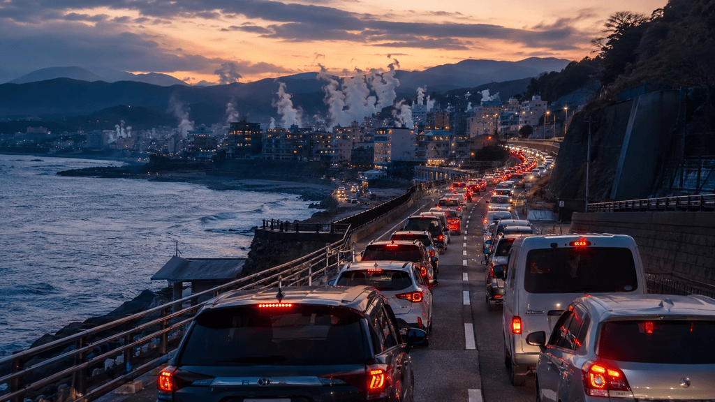 別大国道の渋滞と海沿いの風景
