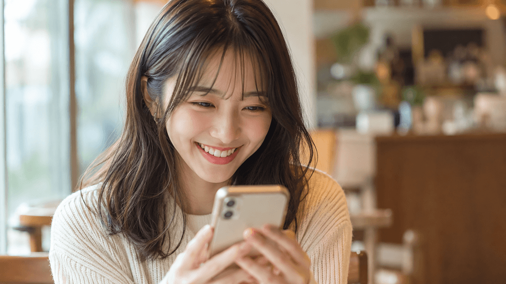 好印象なメッセージを受け取って喜ぶ女性