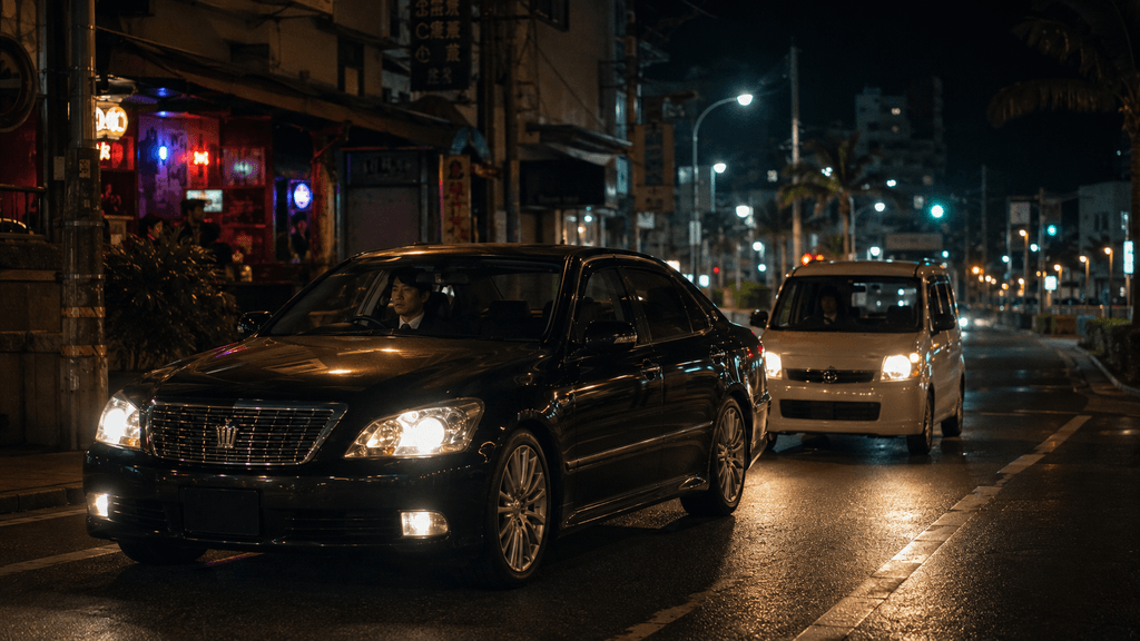 沖縄市コザの深夜の街を走る運転代行と追走するタクシー