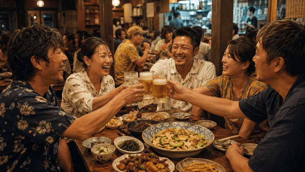 沖縄の地元民ウチナーンチュが集まる賑やかな模合（モアイ）の飲み会の様子