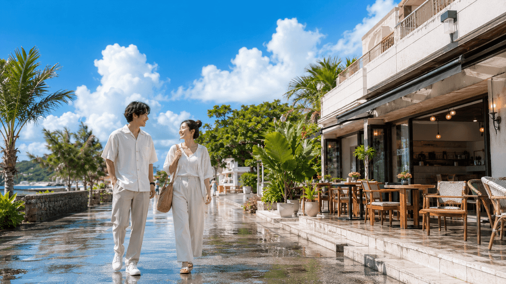 台風一過の清々しい青空が広がる沖縄で待ち合わせて初デートに向かう男女