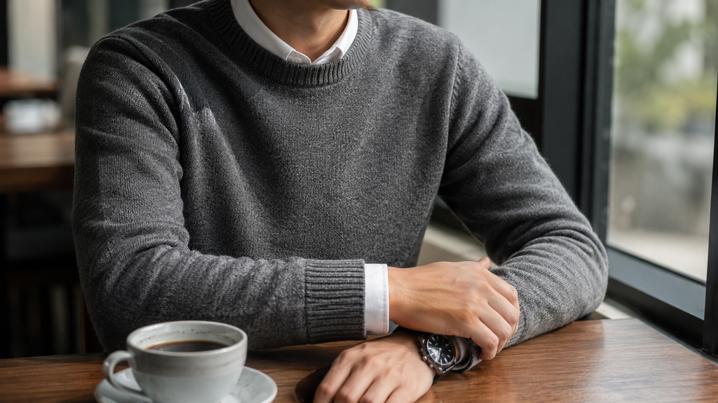 カフェの席で清潔感のあるお洒落な服装に身を包んだ顔出しなし男性のプロフィール写真