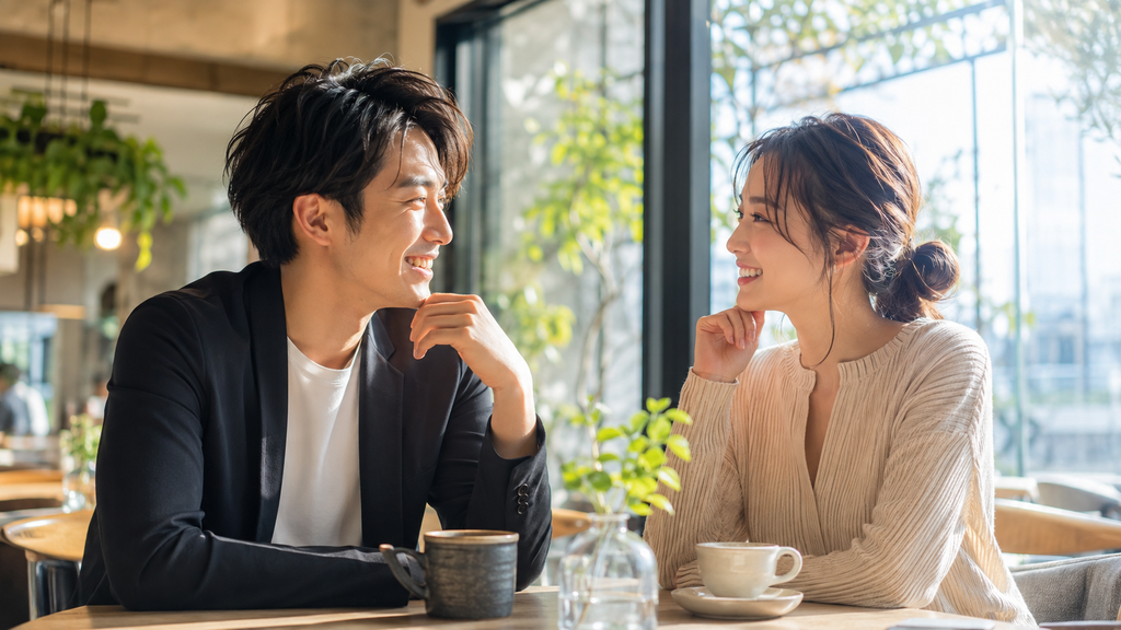 身バレ対策を完璧に行い、お互いに信頼し合って昼間の明るいカフェでデートを楽しむ男女
