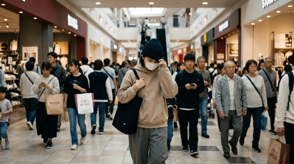 ショッピングモールで顔を隠す様子