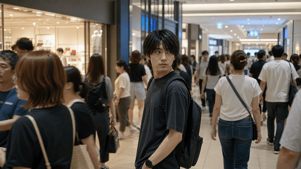 休日の巨大モールで知り合いを警戒する様子
