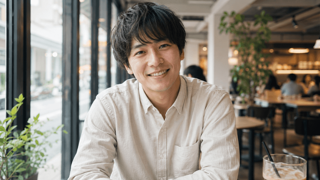 カフェでリラックスする誠実な雰囲気の男性プロフィール写真