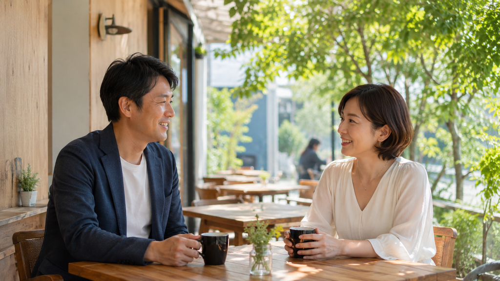Pairsのコミュニティを通じて出会い、休日の昼下がりに落ち着いたカフェでお茶を楽しむ30代の男女