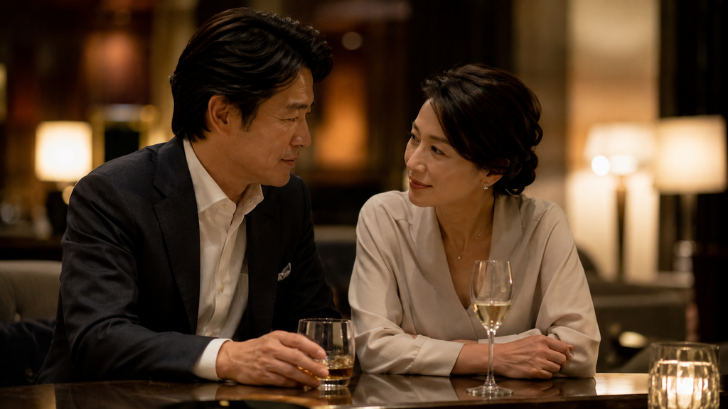 プライバシーを守りながら出会い、夜の落ち着いたバーでゆっくりと語らう40代大人の男女